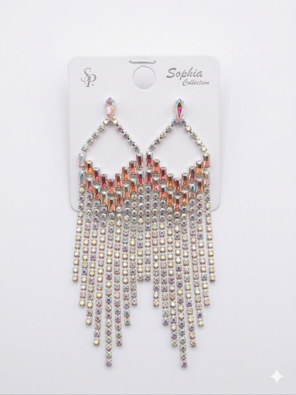 Sophia Collection Iridescent Pink Crystal Tassel Drop Earrings NWT